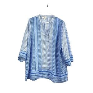 Norm Thompson Blue & White Printed Henley Blouse Top Size PXL